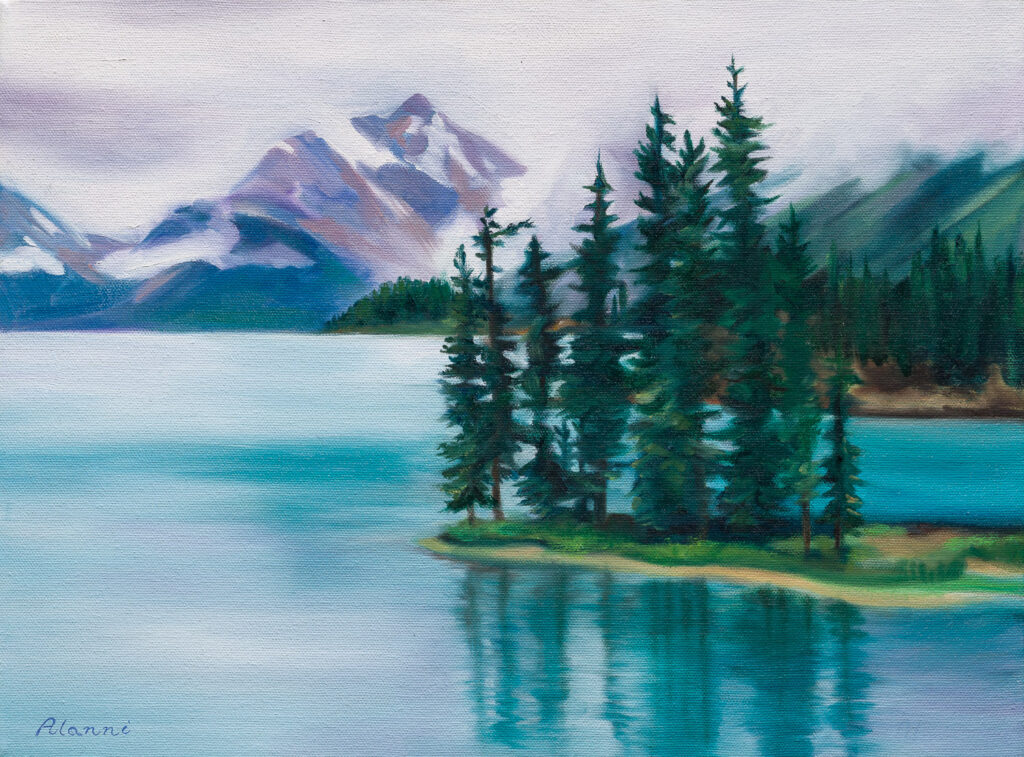 Spirit Island Description: A portrayal of Spirit Lake in Maligne Lake, BC, Canada. Medium: Oil on canvas