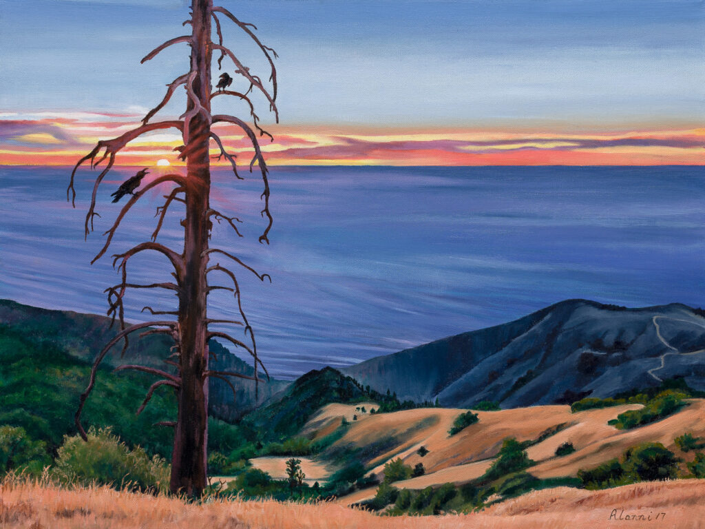 Big Sur Sunset, Ridge View: The ridge of the Santa Lucia Mountains is a great place to camp and view the sun setting over the Big Sur coast. 2018, 18 H x 24 W in. Oil on canvas