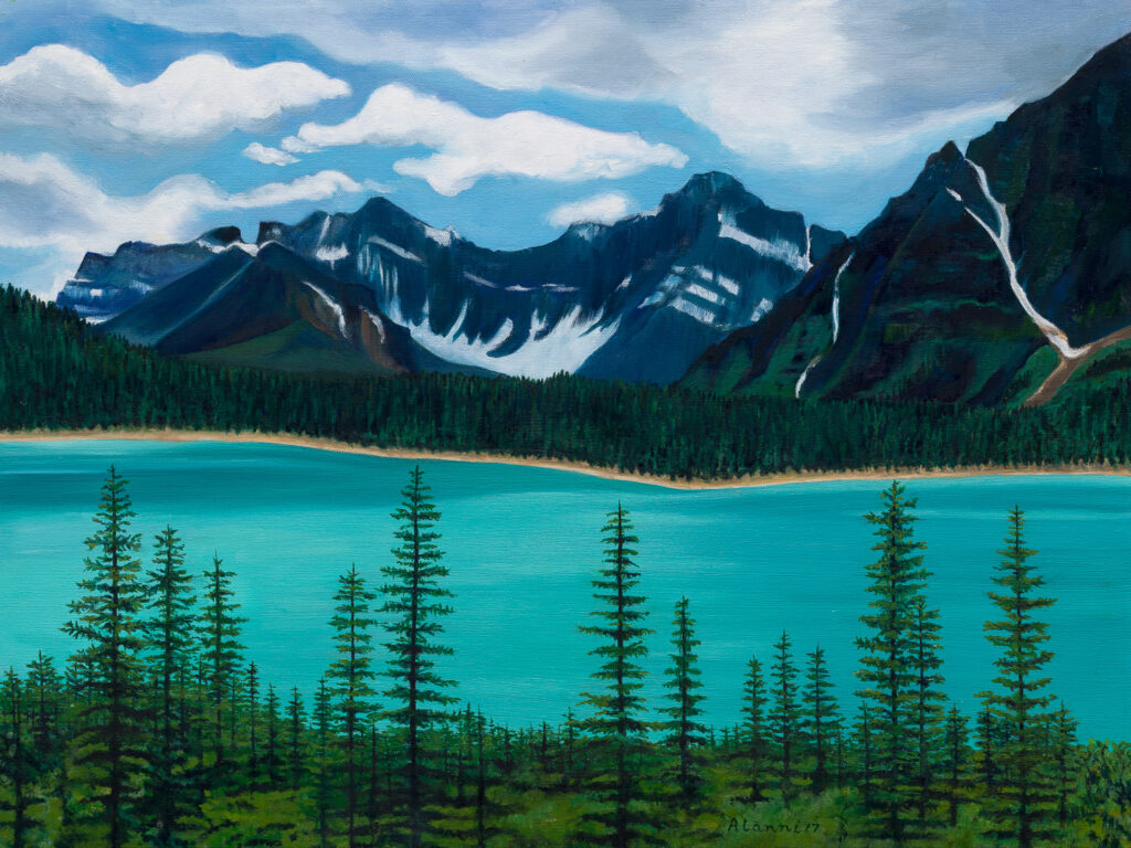 Peyto Lake and Peak: Banff National Park During the summer, significant amounts of glacial rock flour flow into the lake from a nearby glacier, and these suspended rock particles are what give the lake a bright, turquoise color. Medium: Oil on canvas Year: 2018 Dimensions: 18" H x 24" W