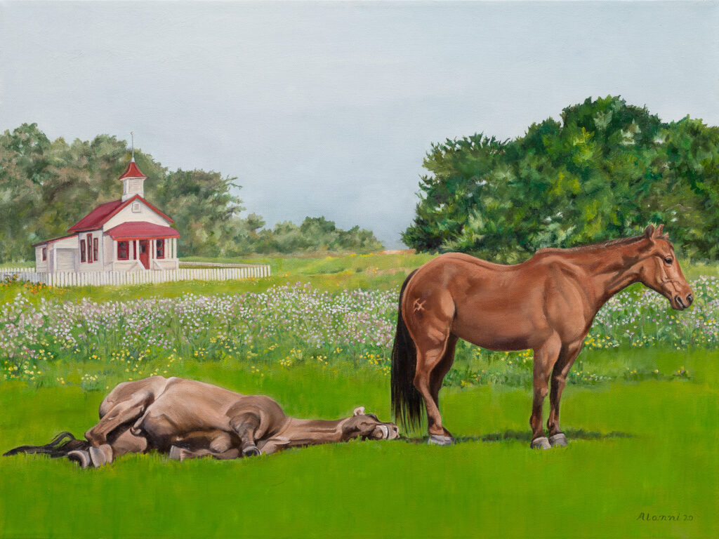 Description: Inspired by the pandemic, symbolizing closed schools with a San Simeon wooden schoolhouse. The two horses symbolize my feelings of loneliness that can be shared by exiting close to another but being far apart at the same time. Medium: Oil on canvas Year: 2020 Dimensions: 18" H x 24" L