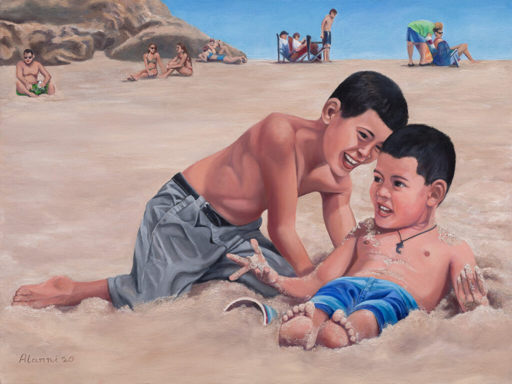 Boys Playing at the Beach Description; Two brothers enjoying a day at Sunny Cove,Santa Cruz, California