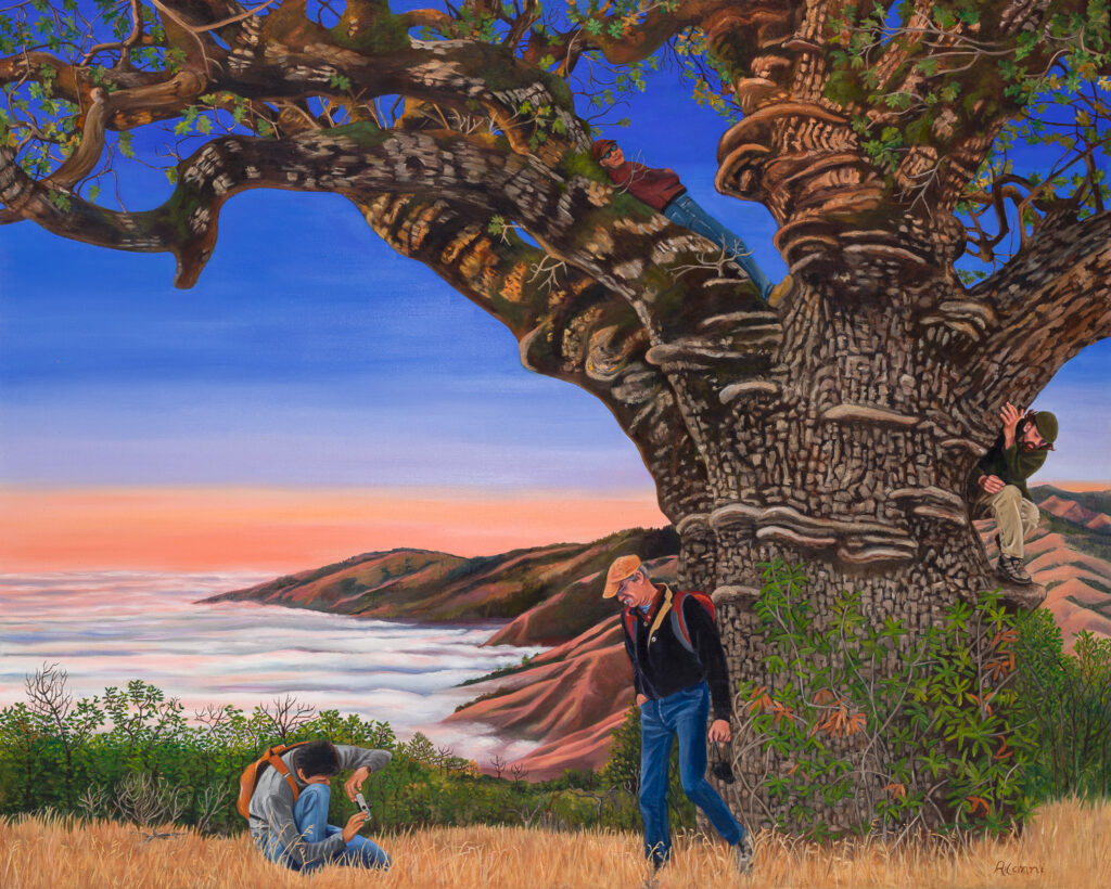 Big Sur Oracle Tree: I came upon these people when camping on the Ridge of Big Sur Mountains. I fell in awe of the tree and felt like I had to attempt to capture the moment. Oil on canvas 40 H x 50 W in., 2021.