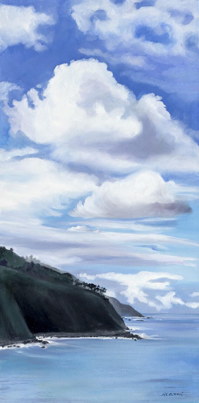 Big Sur View from Esalen Description: View Looking South Big Sur from Esalen Retreat, California Medium: Oil on canvas Year: 2022 Dimensions: 24" H x 12" W Price $800 (framed)