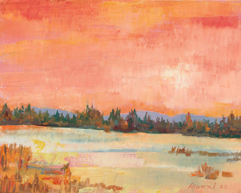 Fall Sunset Description: when the sun peeks out of an otherwise dreary day. Medium: Oil on canvas Year: 2022 Dimensions: 8" H x 10" W